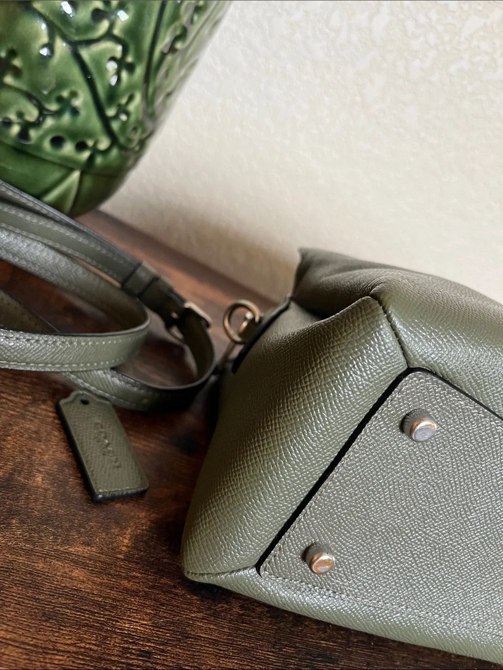Coach 91146 Mini Lillie Carryall Bag Crossgrain Leather Crossbody Olive